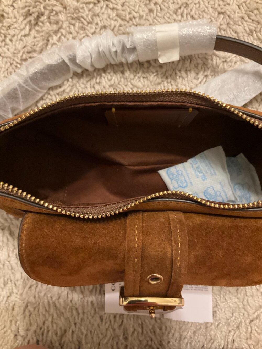 COACH ashton mini shoulder bag. suede/gold /warm brown. item # cfa50. - Picture 12 of 16